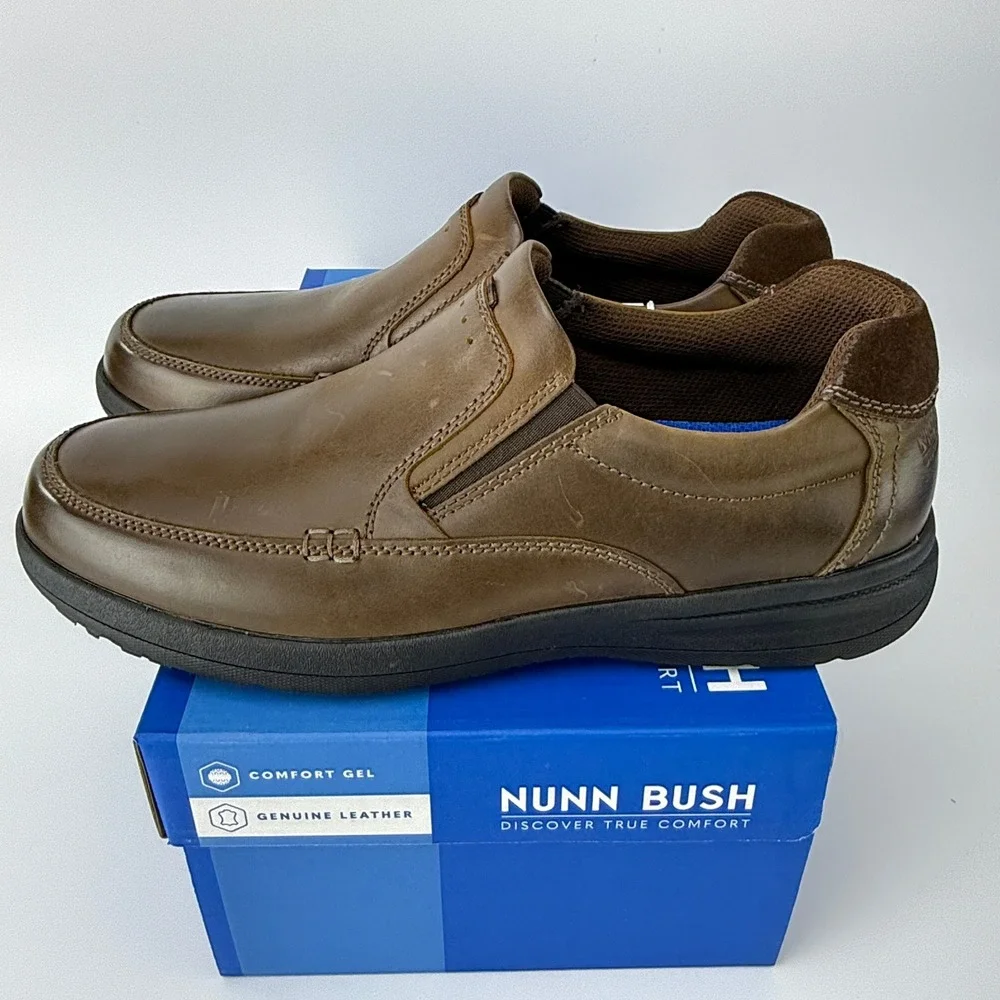 Nunn Bush Cam Slip-On Brown Leather Comfort Gel Shoes Mens 9.5 M NIB